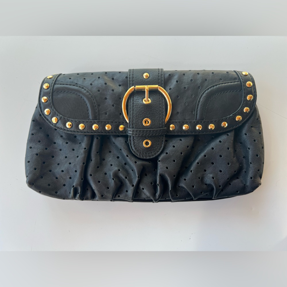 Betsey Johnson Black Leather Clutch with Gold Accents
